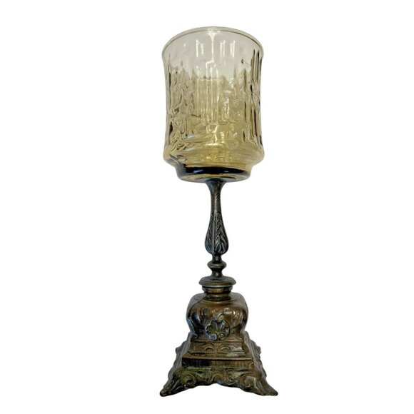 Smoke Tree Bark Brass & Glass Candle Holder Chalice 8 inch Tall 2 5/8 Rim to Rim - Picture 4 of 9